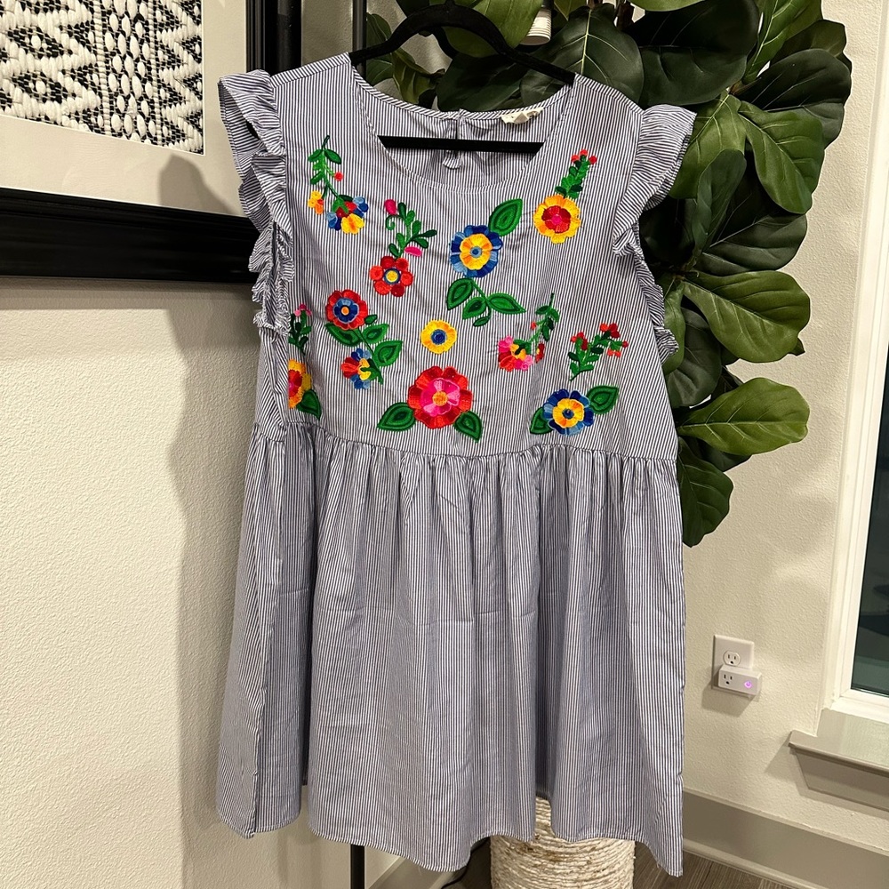 Gaby + Gracie | Blue/White Pinstripe Chainstitch Folk Flower Dress